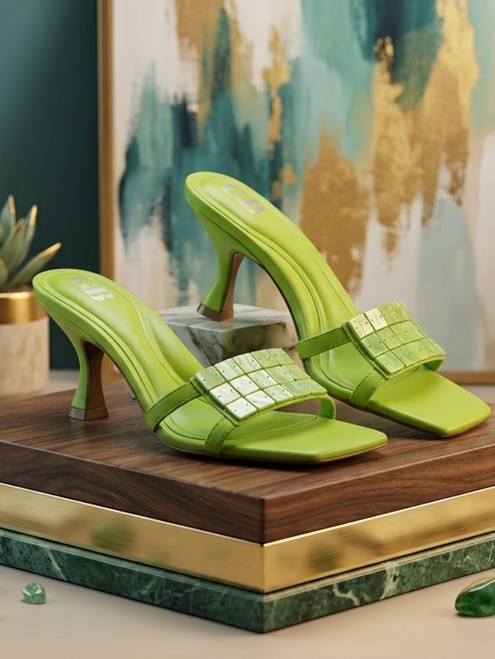 GB Women's Lime Green Sea-Shell Ornament Leather Dress Slide Sandals Size 6
